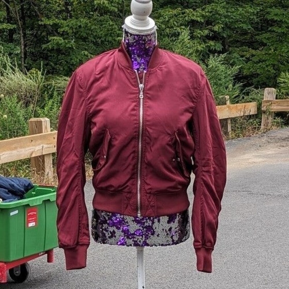 Y2K Moto Satin Bomber Jacket Burgundy Cropped Zip Divided H&M‎ Size 6 Streetwear